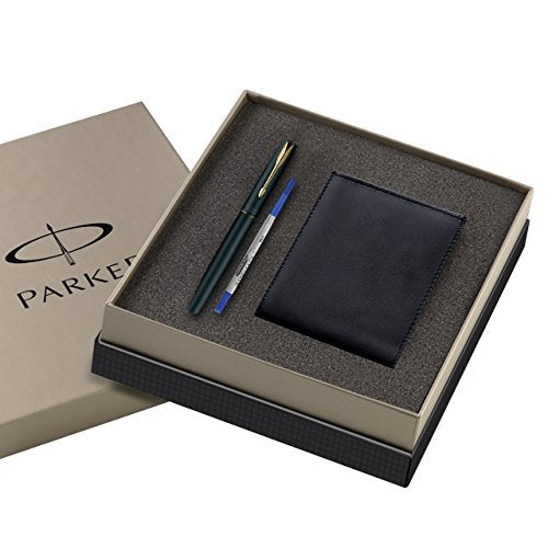 Parker Frontier Matte Black Gold Trim Roller Ball Pen With Wallet Gift Set - Blue Ink, Pack Of 1