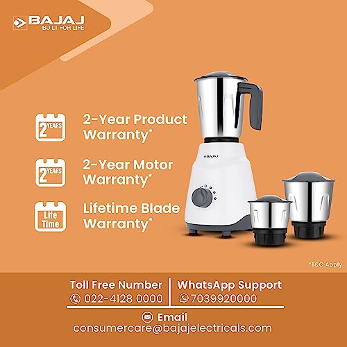 Bajaj Ninja Series Contempo 500W Mixer Grinder|3 Stainless Steel Jar|DuraCut Blades by Bajaj|2-in-1 function blade| Pulse Mode| 2 Warranty by Bajaj| Grey (Indian Plug)