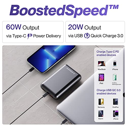 Ambrane 60W Fast Charging Powerbank for MacBook, Type C Laptop & Mobile Charging, Lithium Ion Battery, Metallic Body, Triple Output, Power Delivery & Quick Charge (Powerlit Boost, Black)