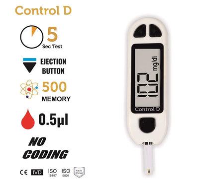 Control D Blood Glucose Sugar Testing Monitor with 10 Strips Glucometer (White)