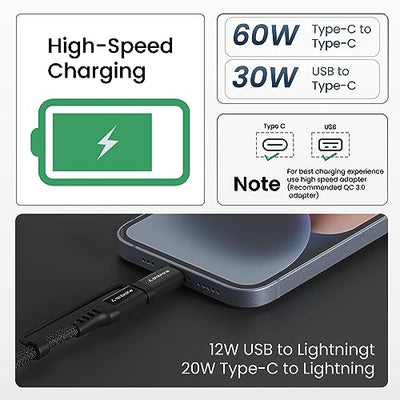 Ambrane 4-in-1 Type-C & Lightning Cable with 60W Fast Charging, 480Mbps Data Sync, PD Technology, Compatible with All Type-C and Apple Devices, 1.2m (ACQCS-12 Black)