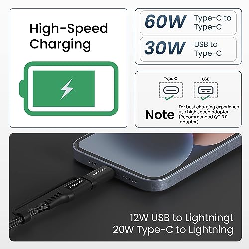 Ambrane 4-in-1 Type-C & Lightning Cable with 60W Fast Charging, 480Mbps Data Sync, PD Technology, Compatible with All Type-C and Apple Devices, 1.2m (ACQCS-12 Black)