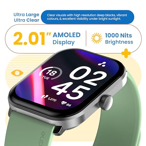 Ambrane 2.01" AMOLED Display, Bluetooth Calling SmartWatch, 1000 NITS Brightness, Functional Crown, 60Hz Refresh Rate, 100+ Sports Mode with IP68, Sp02 Tracking, 100+ Watch Faces (Glaze+, Black)