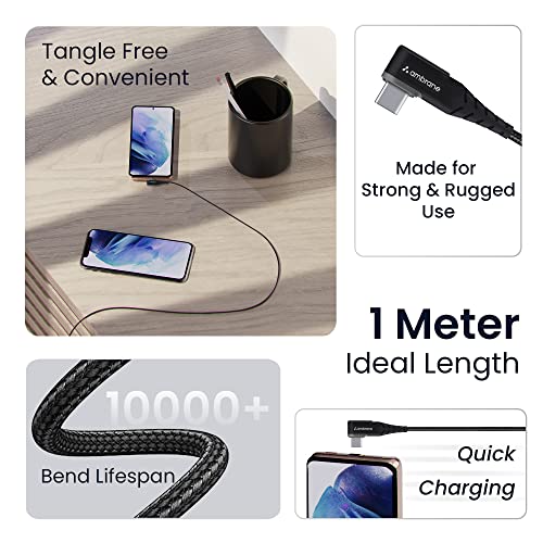 Ambrane Type C Mobile Charging Cable 3A Fast Charging, 1.5 Meter, L Shaped Braided Cable, 480Mbps Data Transfer for Smartphones, Tablets, Laptops & Other Type C Devices (ABLC10, Black and Grey)