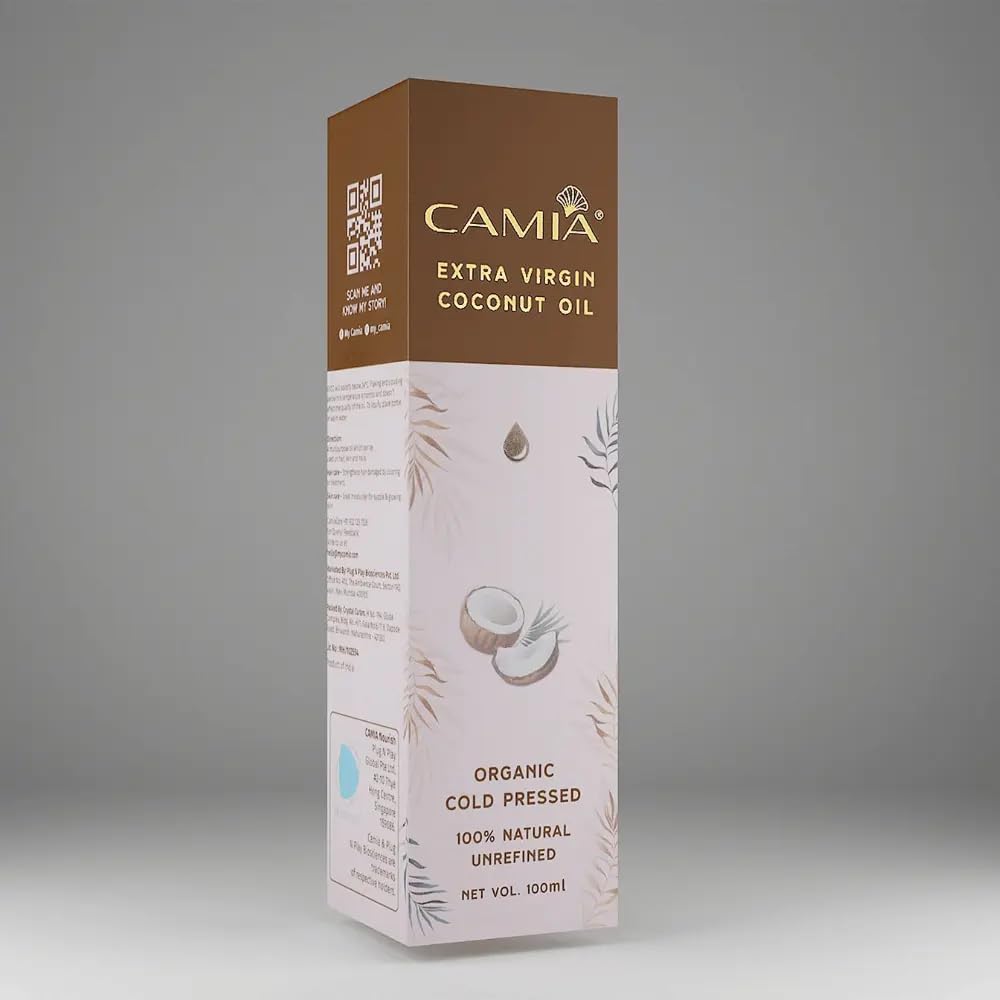CAMIA Premium Coconut Oil for Skin & Hair | Cold Pressed & Organic Coconut Oil | 100% Pure, Natural, Undiluted, Unrefined Hair Oil | Ideal for Skiin & Hair | Free From Chemicals | 100 ML Glass Bottle