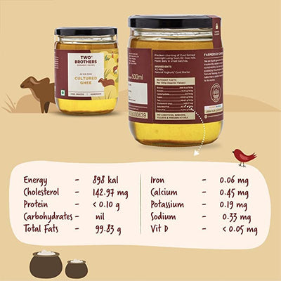 2x Two Brothers Organic Farms - A2 Ghee - Pack of 2 (500 ml each) | Cultured Cow Desi Ghee | Curd-Churned Bilona Ghee  | Grass-Fed A2 Gir Cow Ghee