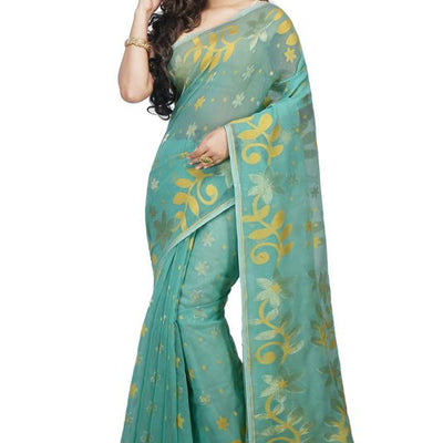 BENGAL HANDLOOM Women's Cotton Silk Flower Dhakai Allover Soft Jamdani Sarees, Blue