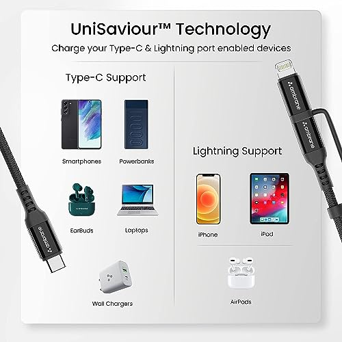 Ambrane 2-in-1 Type-C & Lightning Cable with 60W Fast Charging, PD Technology, 480Mbps Data Sync, Braided Cable Compatible with All Type-C & iPhone, iPad, Macbook & Airpods, 1.2m (ACDCS-12, Black)