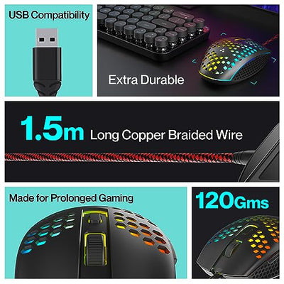 Ambrane Honeycomb Design Wired Gaming Mouse with 6 Programmable Buttons, 4-Speed Customizable 3600 DPI, Comfortable Grip, 7 Colors Breathing LED Light, 1.5m Long Cable, Lightweight (TroneX, Black)