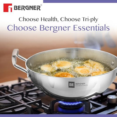 BERGNER BE Essentials TriPly Stainless Steel 18 cm Extra Deep Kadai/Indian Wok, 1 L Kadhai, Even Heat Distribution, Consumes Less Oil, Easy to Clean, Gas Stove Compatible, 5-Year Warranty