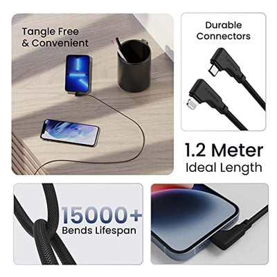 Ambrane Type-C To Lightning Cable, 22.5W Fast Charging, L Shape for Easy Holding, 480Mbps Data Sync, PD Technology, Braided Cable for iPhone, iPad, Macbook, iMac and Airpods - 1.2m (ABLTLS-12 Black)