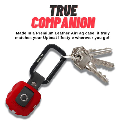 Airtag Premium Leather Key Ring Holder Case Cover Compatible with Apple Airtag, Comes with Metal Carabiner & Transparent AirTag Protective Film (1-Pack, Red & Black) (AirTag Not Included)