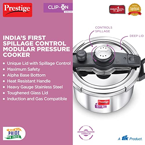 Prestige 5 Litres Svachh Clip-on Induction Base Outer Lid Stainless Steel Pressure cooker | Easy to Open lid | Deep Lid controls spillage | Silver | Pressure Indicator | Anti-bulge Base | Cool Touch Weight