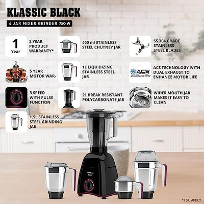 Havells Klassic 750 Watt 4 Jar Mixer Grinder, 21000 RPM Heavy Duty Universal Motor, 304 SS Blades, Large Size Break Resistant JarLids With Twist & Lock Mechanism- Black