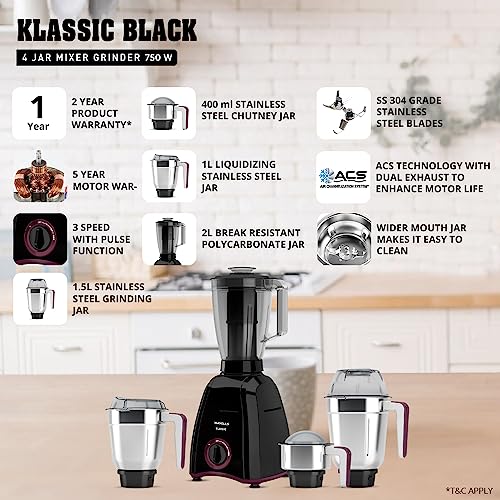 Havells Klassic 750 Watt 4 Jar Mixer Grinder, 21000 RPM Heavy Duty Universal Motor, 304 SS Blades, Large Size Break Resistant JarLids With Twist & Lock Mechanism- Black