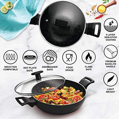 Milton Pro Cook Granito Induction Kadhai with Lid, 26 cm / 3.4 Litre, Black (Aluminium)
