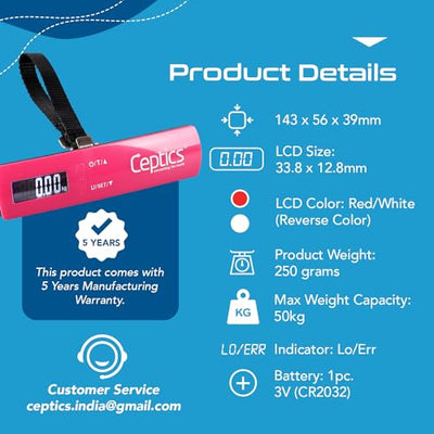 Ceptics weight machine for luggage weighing scale, luggage weighing scale capable capacity up to 50 Kg, weighing machine for luggage with LCD display luggage scale for bags, home, shop - PINK