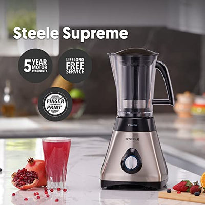 Preethi Steel Supreme MG-208 mixer grinder, 750 watt (Silver/ Black), 4 jars - Super Extractor juicer Jar, Vega W5 motor with 5yr Warranty & Lifelong Free Service