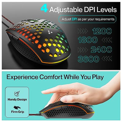 Ambrane Honeycomb Design Wired Gaming Mouse with 6 Programmable Buttons, 4-Speed Customizable 3600 DPI, Comfortable Grip, 7 Colors Breathing LED Light, 1.5m Long Cable, Lightweight (TroneX, Black)