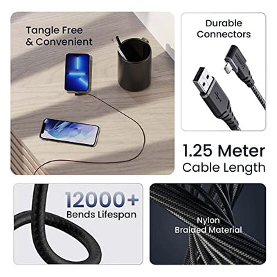 Ambrane USB to Lightning 12W Fast Charging, L Shape for Easy Holding, 480 Mbps Data Sync Cable for iPhone, iPad, Macbook, iMac, Airpods - 1.25m (ABLL-125 Black)