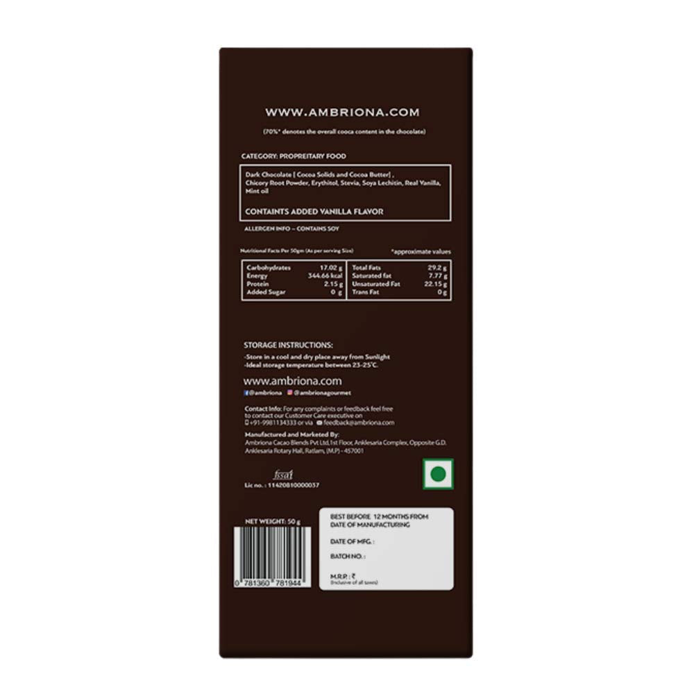 AMBRIONA Daarzel Dark Chocolate Sugar Free 70% Cocoa With Mint Bar Gluten Free Vegan 100% Natural|Sweeten With Stevia|Diabetes Friendly| Daarzel Zero Sugar|50 Gm| Sugarfree