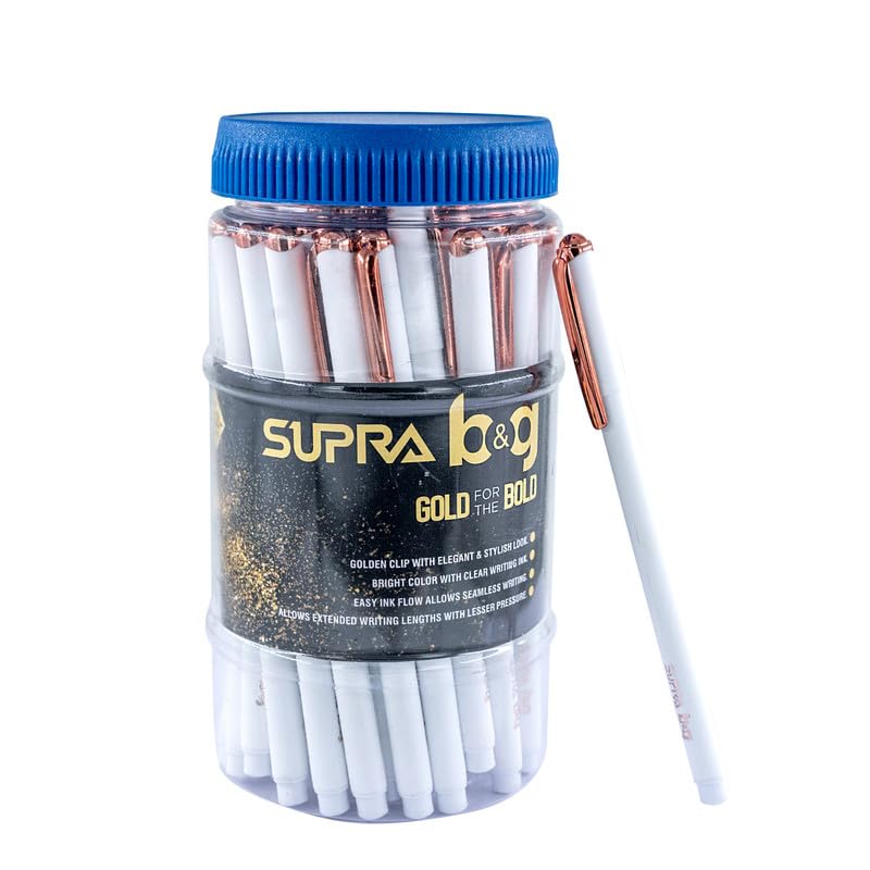 Supra B&G 0.7mm Rose Gold Ball Point Pen Jar Pack | Stylish White Body With Rose Gold Clip | Long Lasting Smooth Refillable Pen | Extended Writing Lengths With Lesser Pressure | Blue Ink, Pack Of 50