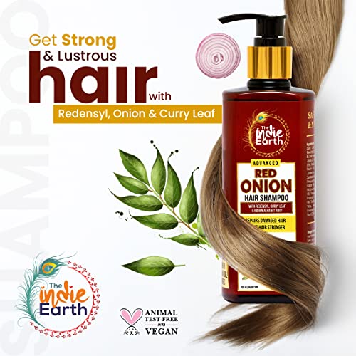4x The Indie Earth Advanced Red Onion Shampoo 300ml/10 Fl.Oz with 15+ natural ingredients including Red Onion, Curry Leaf & Indian Alkanet Root - Pack of 4