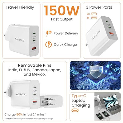 Ambrane 150w GaN Multi-Port Fast Charger Type C USB Compatible with All iPhone, Android & Laptops (MacBook & Windows) Travel Adapter with US Pins for The USA, Canada, Mexico & Japan (RAAP G150)