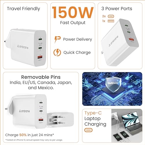 Ambrane 150w GaN Multi-Port Fast Charger Type C USB Compatible with All iPhone, Android & Laptops (MacBook & Windows) Travel Adapter with US Pins for The USA, Canada, Mexico & Japan (RAAP G150)
