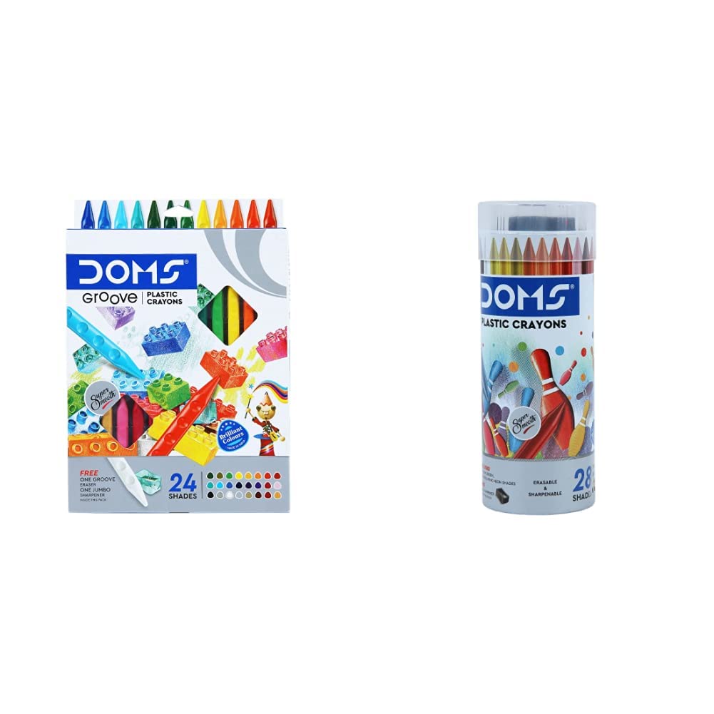 Doms Groove Non - Toxic Erasable Plastic Crayon Set With Case - 24 Assorted Shades - Plastic Crayon 28 Shades Round Tin