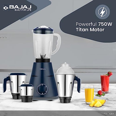 Bajaj Ninja Series Trinity 750W 4 Jar Mixer Grinder| DuraCut Blades by Bajaj|Powerful 750W Titan Motor| 3-SS Jars & 1 Juicer Jar| 5-Yr Warranty by Bajaj| Royal Blue (Indian Plug)