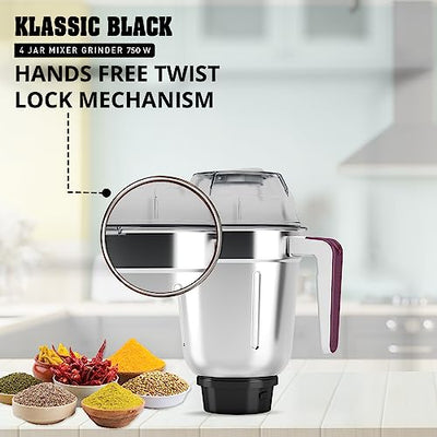 Havells Klassic 750 Watt 4 Jar Mixer Grinder, 21000 RPM Heavy Duty Universal Motor, 304 SS Blades, Large Size Break Resistant JarLids With Twist & Lock Mechanism- Black