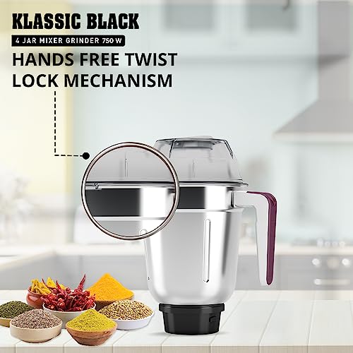 Havells Klassic 750 Watt 4 Jar Mixer Grinder, 21000 RPM Heavy Duty Universal Motor, 304 SS Blades, Large Size Break Resistant JarLids With Twist & Lock Mechanism- Black