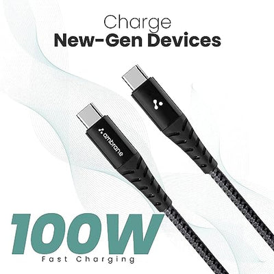 Ambrane Fast 100W Output Cable with Type-C to Type-C for Mobile, Laptop, Macbook & Table Charging, 480mbps Data Sync Speed, Braided Cable, 1.5m Length (ABCC-100, Black-Grey)