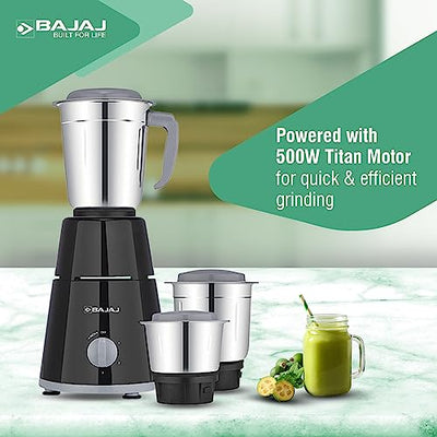 Bajaj Gx 1 Mixer Grinder,500W Titan Motor,3 Jars,2 In 1 Function Blade, Black (Indian Plug)