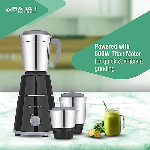 Bajaj Gx 1 Mixer Grinder,500W Titan Motor,3 Jars,2 In 1 Function Blade, Black (Indian Plug)