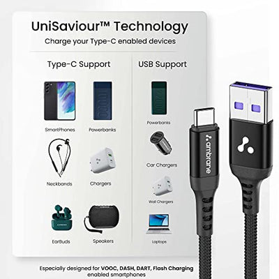 Ambrane Ultra Fast Type C Charging Cable, 65W VOOC Technology, Perfectly Compatible with Samsung, Mi, Realme, Oppo, Vivo, OnePlus, Nothing Devices, 480Mbps Data Sync, Braided, 1.2 M (ABCVS-12 Black)