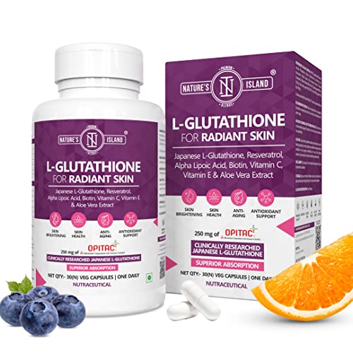 Nature's Island Japanese L-Glutathione with Collagen Builder, Vitamin C, E, Biotin, Alpha Lipoic Acid, Aloe Vera -30 Veg Capsules