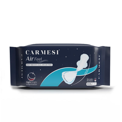 Carmesi Air Feel Night Sanitary Pads | 8 XXXL+ Extra-Long Pads With Wide Back | All-Night Stain Protection | No Leaks | Super-Absorbent Core | Airy, Sweat-Free | Soft & Ultra-Thin | Non-Toxic