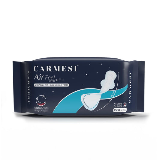 Carmesi Air Feel Night Sanitary Pads | 8 XXXL+ Extra-Long Pads With Wide Back | All-Night Stain Protection | No Leaks | Super-Absorbent Core | Airy, Sweat-Free | Soft & Ultra-Thin | Non-Toxic