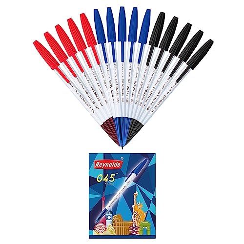 Reynolds 045 0.7mm Ball Pen - 5 Blue, 5 Black, 5 Red, Pack of 15