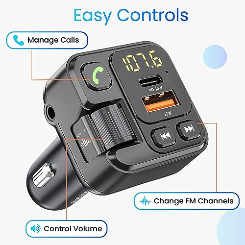 Ambrane Bluetooth FM Transmitter in Car Radio Adapter for Hands-Free Calling, Type-C (30W) PD Technology & USB-A (12W) Dual Ports, Fast Charger, Music Streaming, Supports All Smartphone (Car Connect)