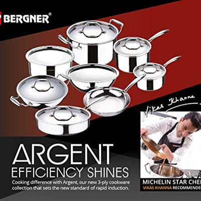 BERGNER Argent TriPly 20 cm Frypan/Steel Pan, Scratch Resistant, for Spice Tempering/Seasoning, Stay Cool Long Handle, Mirror Finish, Induction Ready, 5-Year Warranty by Bergner