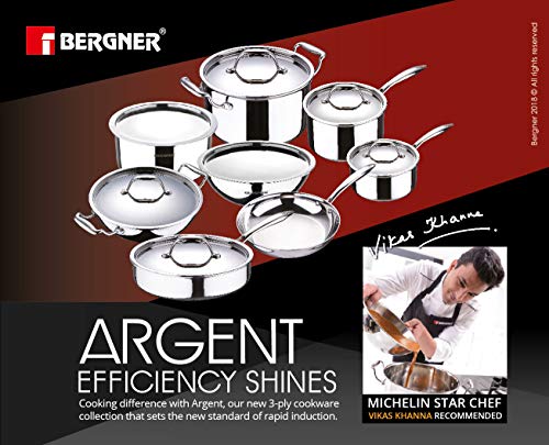 BERGNER Argent TriPly 20 cm Frypan/Steel Pan, Scratch Resistant, for Spice Tempering/Seasoning, Stay Cool Long Handle, Mirror Finish, Induction Ready, 5-Year Warranty by Bergner
