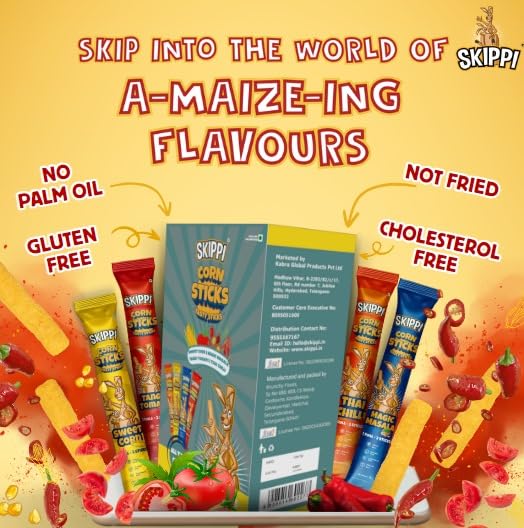 Skippi Cornsticks Snack | Snacks for Kids & Adults | Not Baked Not Fried | Gluten Free Snacks Combo 4 flavours (3 Sweet Puffcorn, 3 Magic Masala, 3 Tangy Tomato & 3 Thai Chilli) 12 Sticks