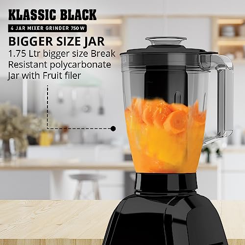 Havells Klassic 750 Watt 4 Jar Mixer Grinder, 21000 RPM Heavy Duty Universal Motor, 304 SS Blades, Large Size Break Resistant JarLids With Twist & Lock Mechanism- Black