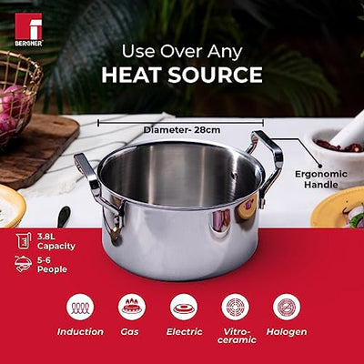Bergner Tripro Triply Cook and Serve Casserole/ Biryani Pot/ Handi with Stainless Steel Lid, 28 cm, 3.8 Litres, Heavy Bottom Induction and Gas Ready, New Improved Handles for firmer Grip, Silver