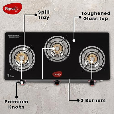 Pigeon by Stovekraft Aster 3 Burner Gas Stove with High Powered Brass Burner Gas Cooktop, Cooktop with Glass Top and Powder Coated Body, Black, Manual Ignition, Standard (14267)