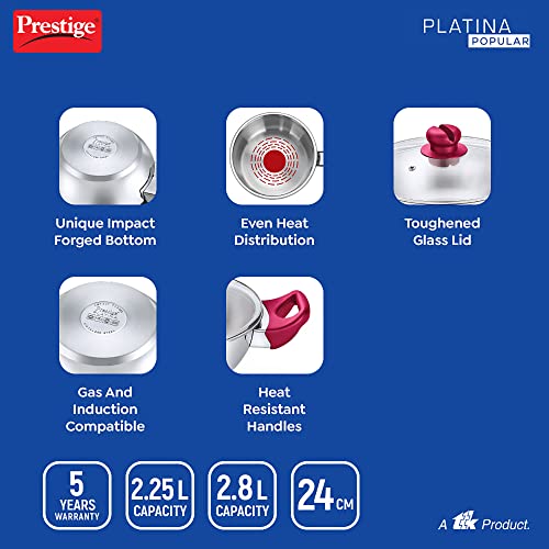 Prestige Stainless Steel Platina Popular Gas Compatible Fry Pan, 24 Cm (2.25 L) + Platina Popular Kadai with Glass Lid, 24 Cm (2.8 L) Kitchen Set
