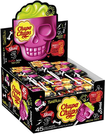 25x Chupa Chups Skull Strawberry Lime Flavored 25 Skull Lolipop - 15g Each